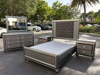 5-Piece Metallic Grey Queen Bedroom Set with Tufted Headboard