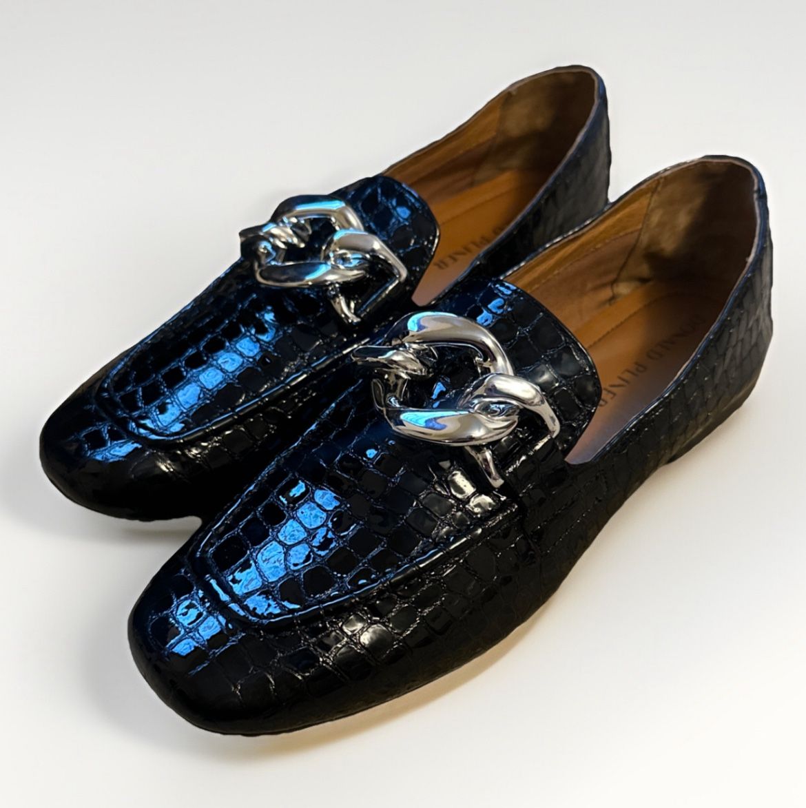 Donald Pliner Women’s Shoes Bristol Sliver Black Croc Loafer Flats Old Money 8
