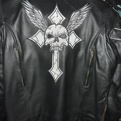 Leather Motorcycle Jacket With Reflective Skull And Cross