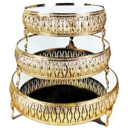 Loticy 3Pcs 13", 10.3" And 8.5" Gold Round Mirror Cake Stand Cupcake Stands Metal Pedestal Holder, Party Dessert Cheese Display Plate For Wedding Part