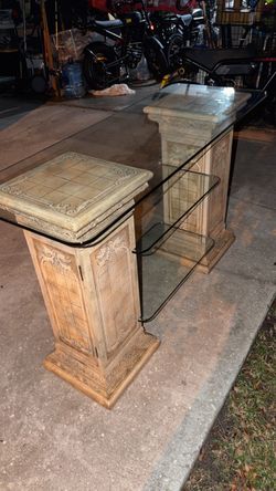 Glass Top Console Table with Stone Pedestals