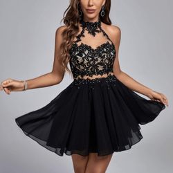 🖤 Black Lace Halter Skater Dress ✨ Party / Homecoming / Night Out  New Size S