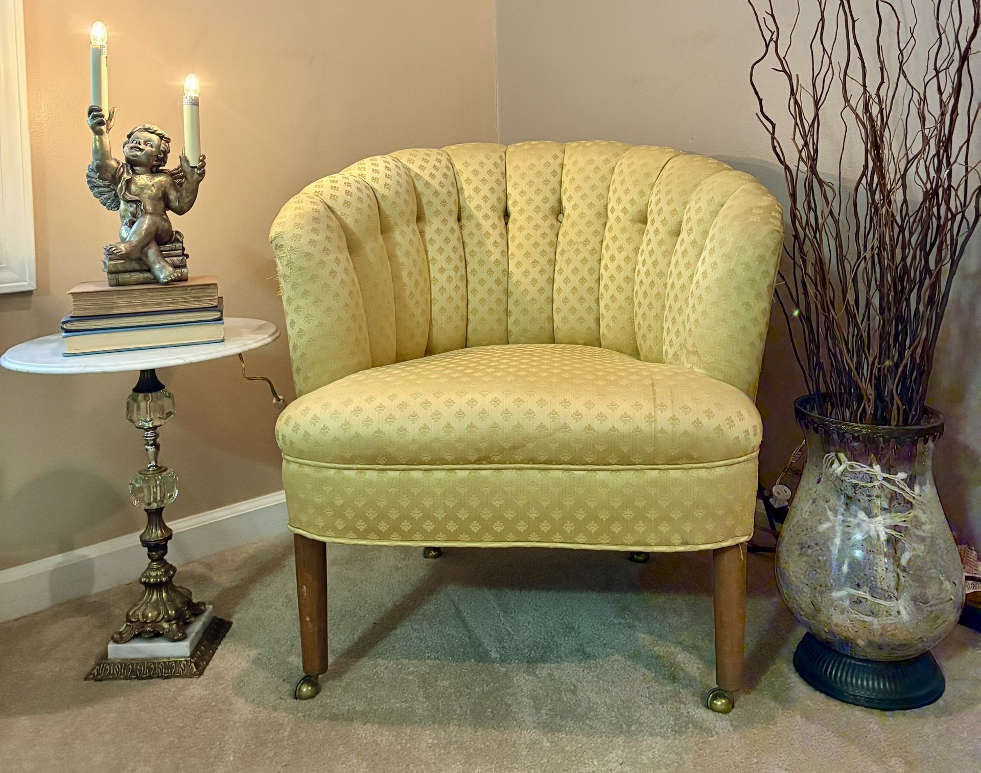 Mid Century Gold Channel Back, Barrel Chair on Casters