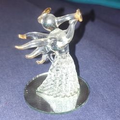 HAND BLOWN GLASS PRAYING ANGEL w/ 24k GOLD ACCENTS & MIRRORED BASE