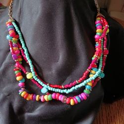Vibrant Colorful Multiple Strand Glass Beaded Necklace 
