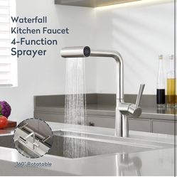 Waterfall Kitchen Faucet with 4-Mode Pull Down Sprayer, Single Handle Brushed Stainless Steel Kitchen/Bar/Utility Sink Faucet for with Deck Plate for 