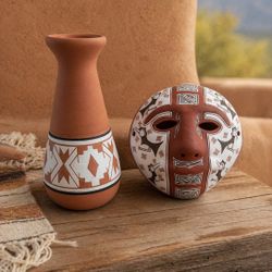 Handcrafted Pottery Set Signed Artists | Colombian Mask + Sioux Vase | Authentic Folk Art