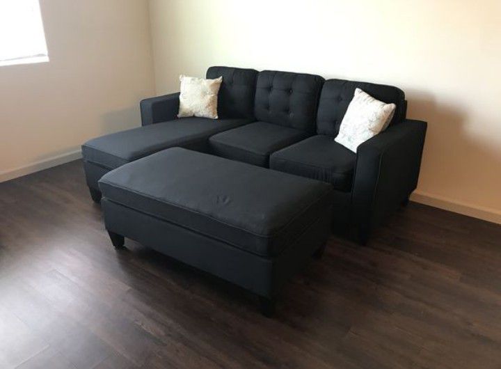 Brand New Black Linen Sectional Sofa +Ottoman (New In Box) 