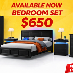 Black 5-Piece Queen Bed Set w/ LED Lights & Smart Features - brand new in the box