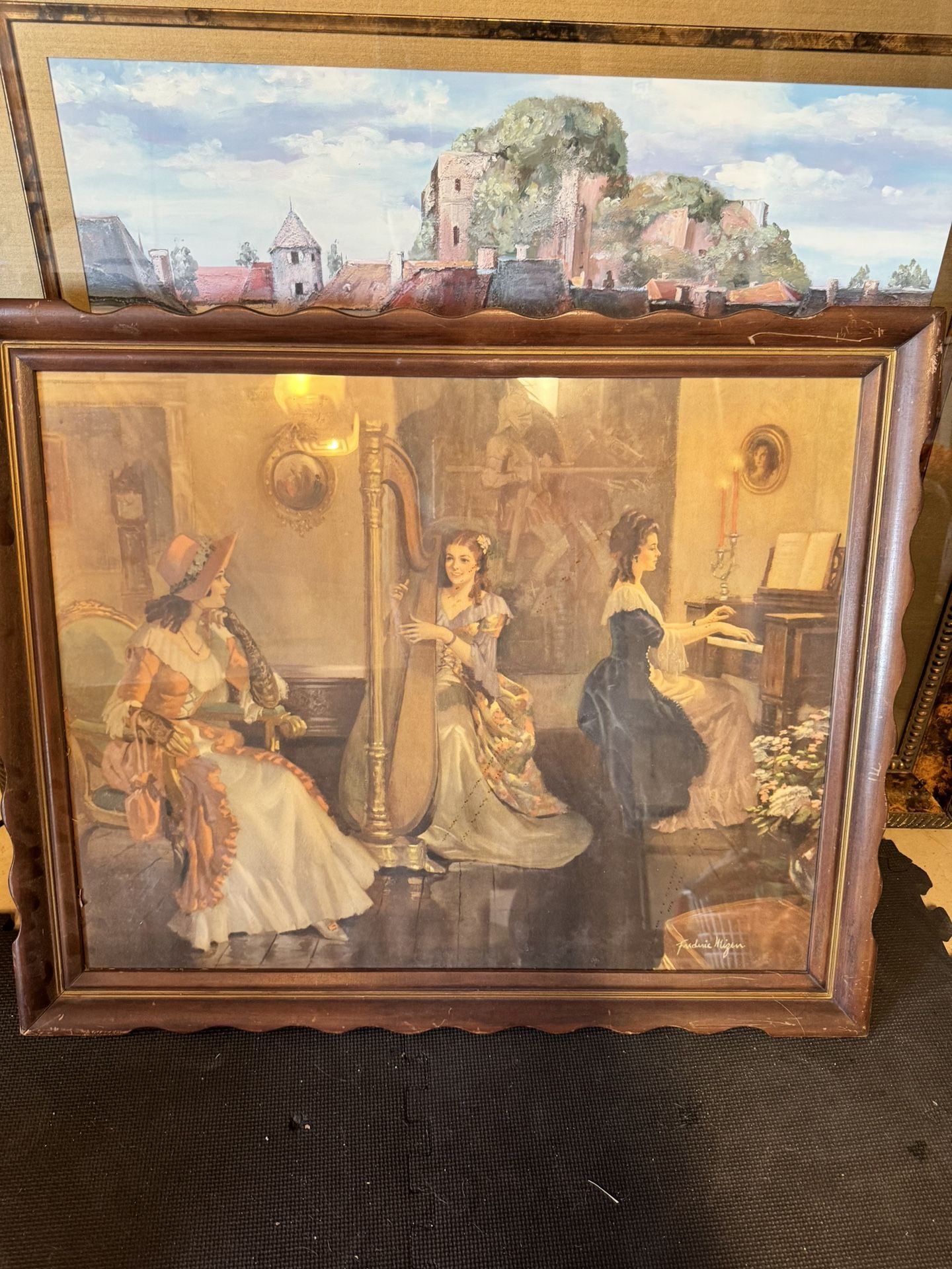 Vintage Framed Print Frederic Mizen 3 Ladies in the Parlor Victorian Music Room