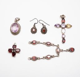 Jewelry Collection - 4 Pendants/Charms with Multiple Gemstone + 1 Set of Sterling/Garnet Earrings