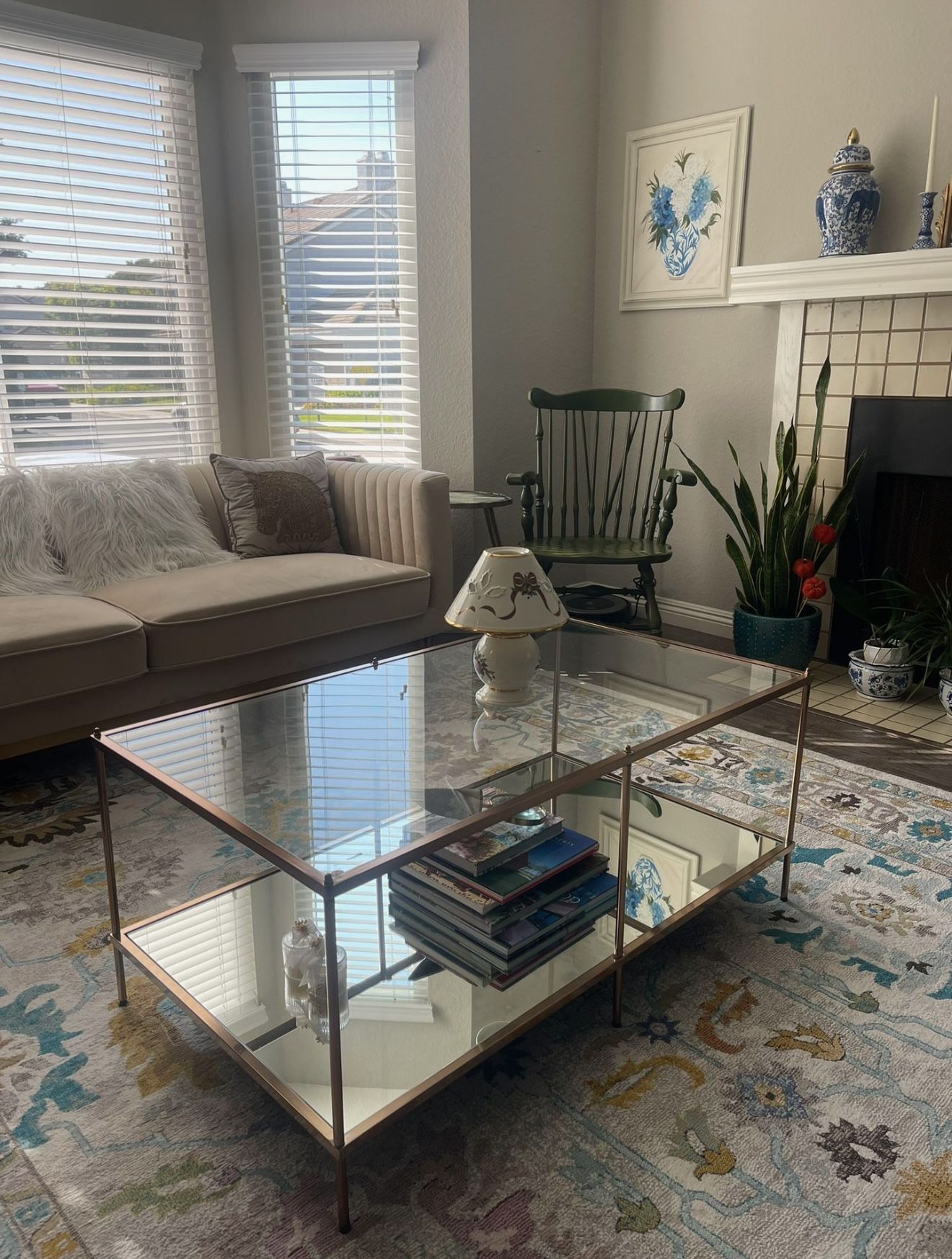 Gold Metal and Glass Coffee Table with shelf