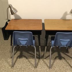 Two Sets Of Kids School Desks With Chai