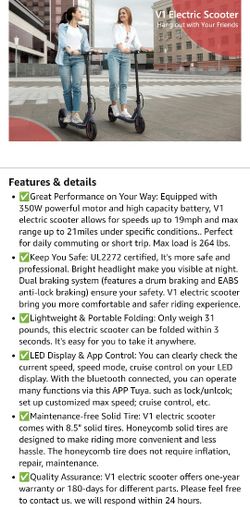 V1 Electric Scooter - 350W Motor, Max 21 Miles Long Range, 19Mph Top Speed,  8.5 Tires, Portable Folding Commuting Electric Scooter Adults with Dual