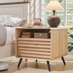 Natural Oak Nightstand With Charging Dock