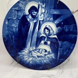 Vintage Avon 1991 The Holy Family Blue White Plate