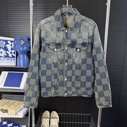 Louis Vuitton new checkerboard patchwork washed blue denim jacket XL