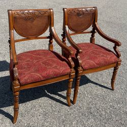 Vintage Set Of 2 Ornately Carved Wood Double Caned Back Upholstered Seats Accent Chairs