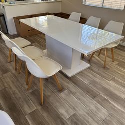 7-Piece Modern Dining Set, Glossy White Extendable Table and 6 Chairs