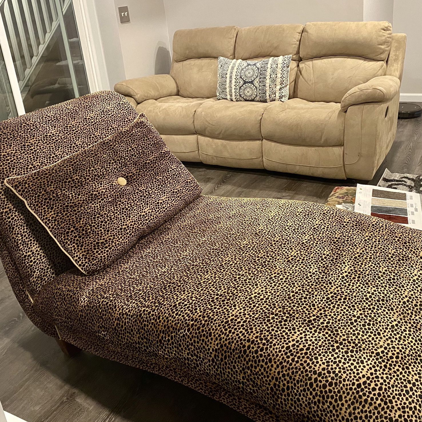 Recliner Couch & Leopard Print Fabric Chaise for Sale