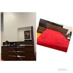 Furniture set that includes a dresser, queen bed with headboard, and side tables.