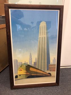 Vintage art poster. Train pulling out of tunnel. Wooden framed.