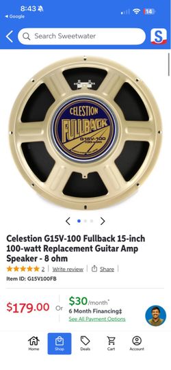 NIB Celestion G15V-100 Fullback 15-inch 100-watt Replacement Guitar Amp Speaker