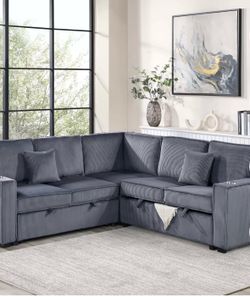 $550.  Sectional Pull Out Bed With Storage USB Cup Holder Available,I Ivory,Dark Gray,Corduroy