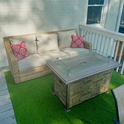 Outdoor Beige Sofa and Propane Fire Pit Table