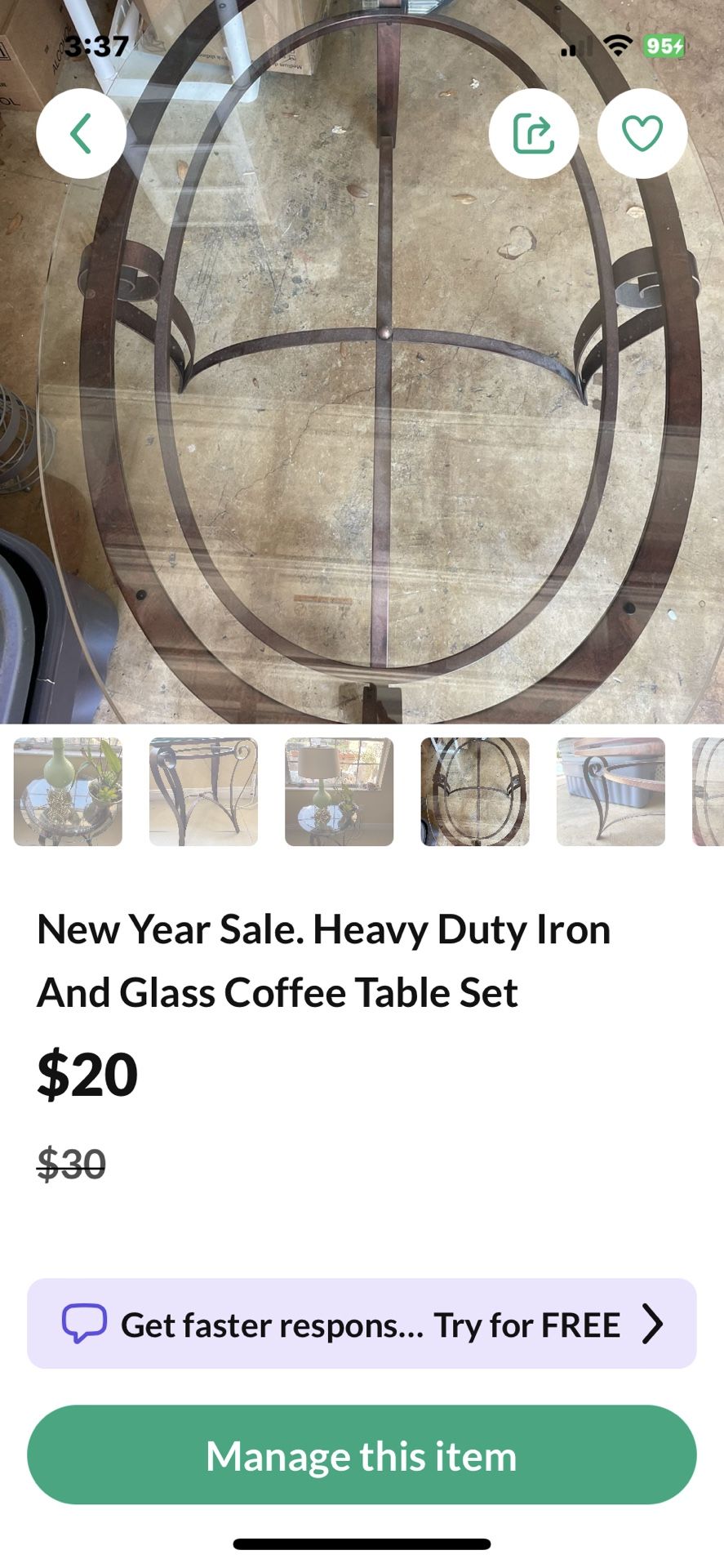 Set Of 2 Heavy Duty Iron And Glass Coffee Table Set