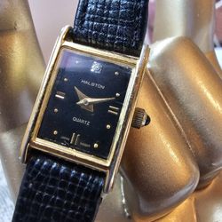 $35.00 - Vtg Halston Watch, Diamond Accent/Quartz- Japan/Black Alligator Calf Leather Band!