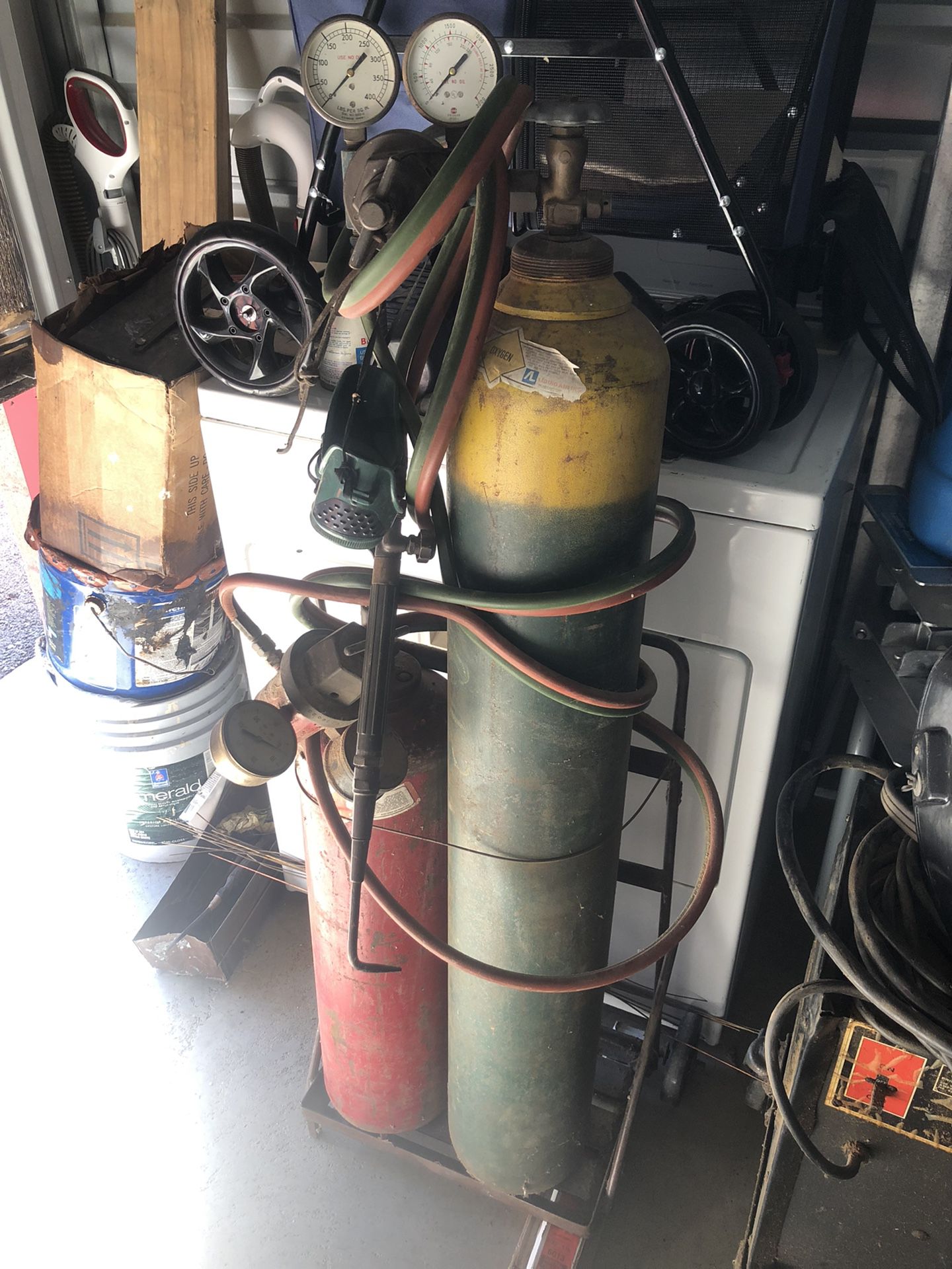 Acetylene and oxygen cutting tanks and torch gauges etc.