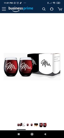 Mr and Mrs Stemless Wine Glasses - Unbreakable Tritan Plastic - 16 Ounces