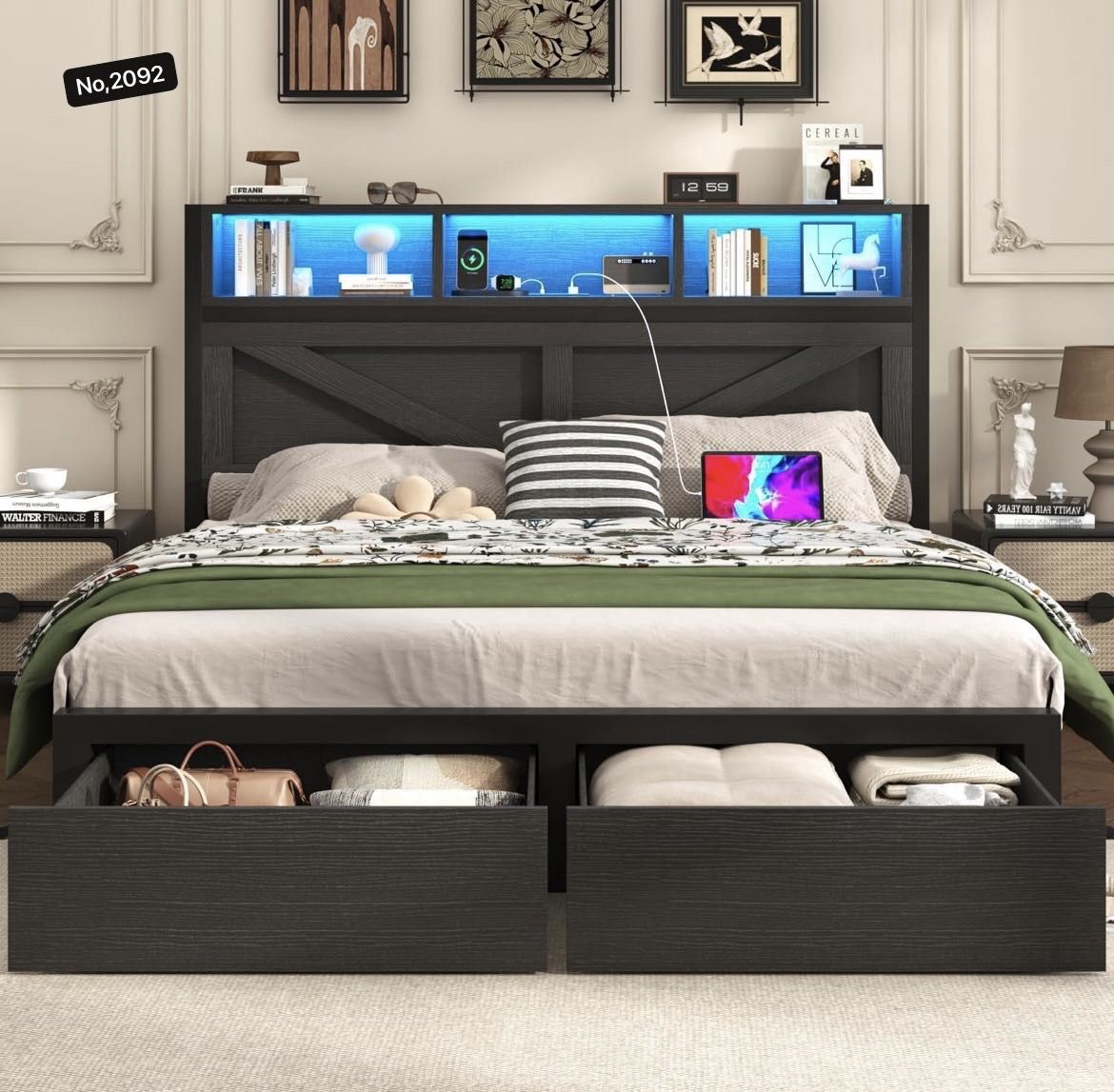 King Bed Frame with Bookcase Storage Headboard, Charging Station, LED Light and 2 Storage Drawers,Black