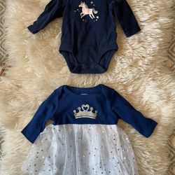 Bundle Of Two Long Sleeve Navy Blue One Piece Dress And Onesie, Princess And Unicorn, 0-3M