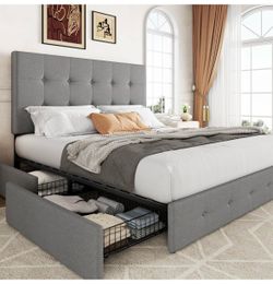 Allewie Queen Upholstered Platform Bed Frame with 4 Storage Drawers – Light Grey