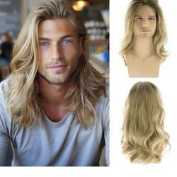 Baruisi Long Blonde Wigs for Men Synthetic Layered Wavy Cosplay Party Wig