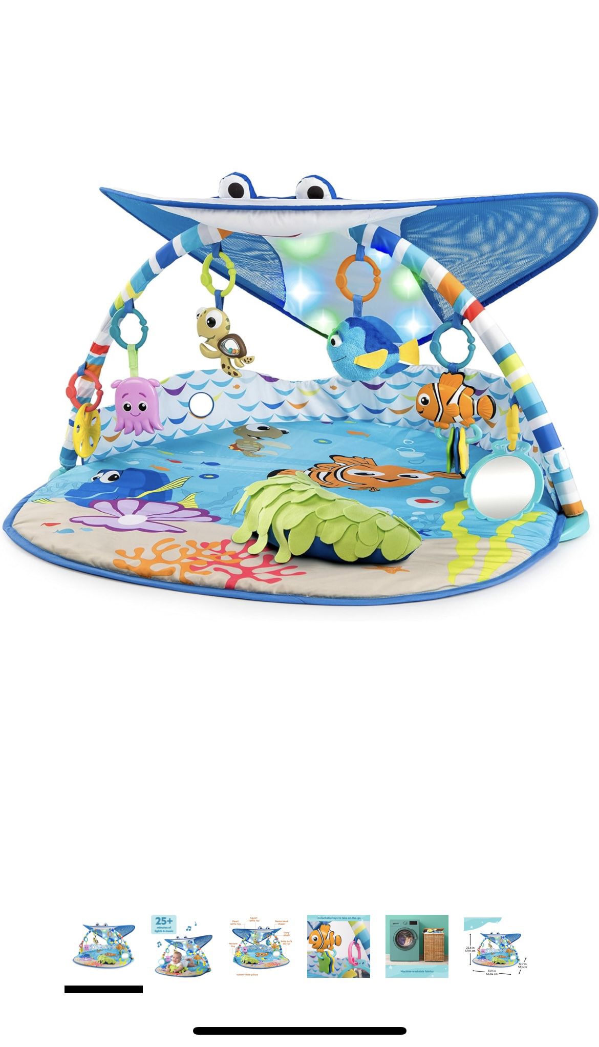 Bright Starts Finding Nemo Mr. Ray Ocean Lights & Music Baby Activity Gym with Tummy Time Pillow, Newborn+