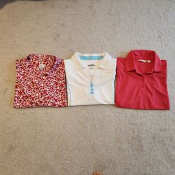 3 golf/athletic polo shirts, size L - white Annika polo light blue accents & solid red polo, sie XL- red/white floral top, great condition