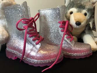 New! Girls size 11-12 pink & silver glitter rubber boots