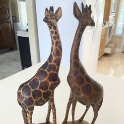 12" Tall Wood Giraffe Pair Hand Carved Wooden Giraffes Set of 2