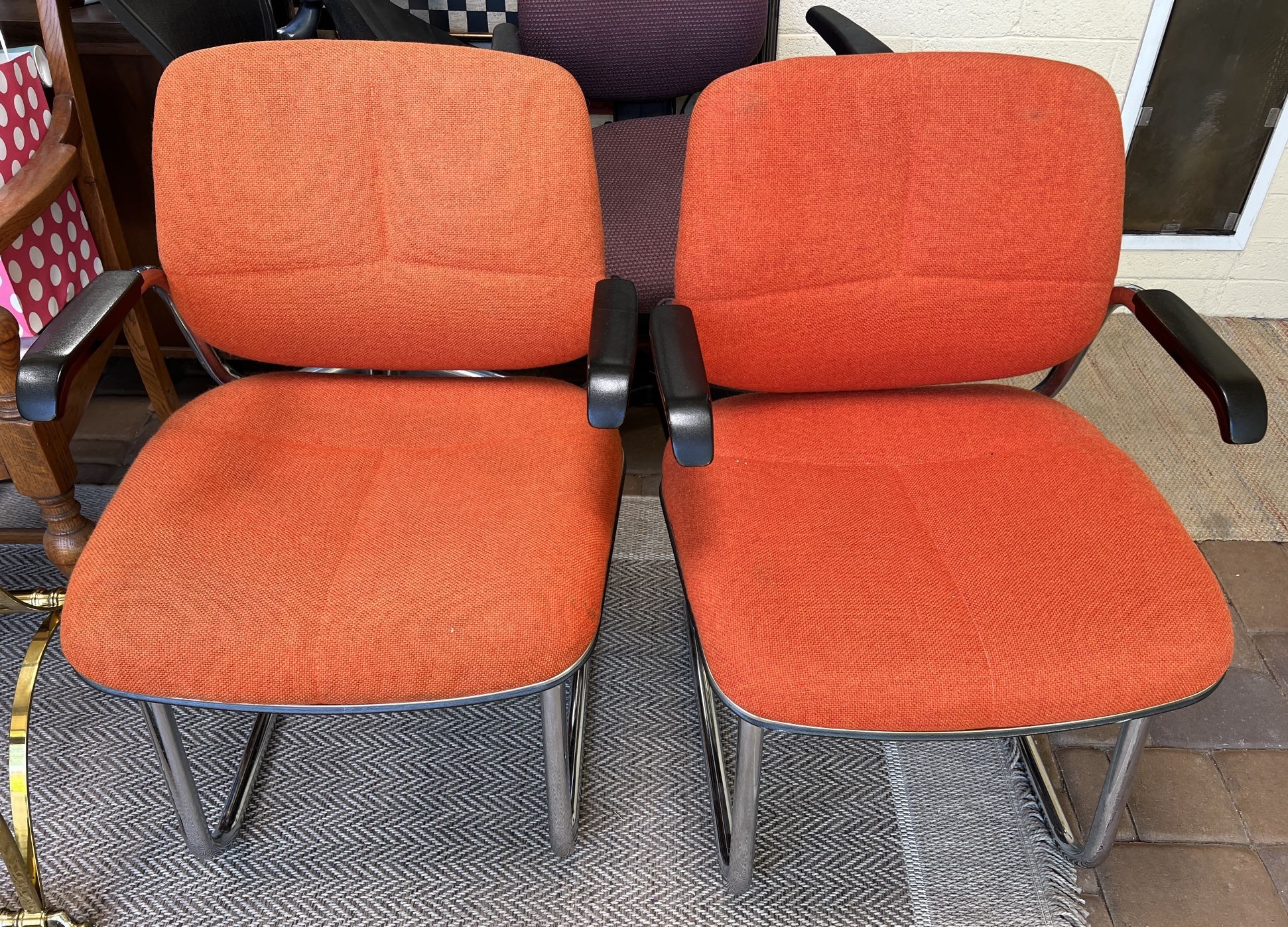 2 Vtg MCM (AllSteel Inc) Client Office Dining Chairs Chair Chrome & Orange Hopsack Upholstery