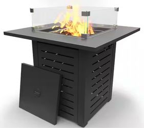 28 in Black Square Metal Propane Fire Pit Table, 50,000 BTU Steel Gas Fire pit with Glass Wind Guard and Lava Rock