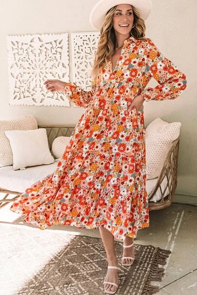 Dress Orange Floral Boho Dress