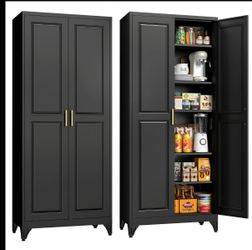 Tall Metal Pantry Cabinet with Gold Handles.