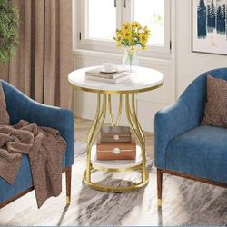 Round side table in white gold, side table with 2 levels, modern bedside table, small side table with storage space for the sofa, side table with meta