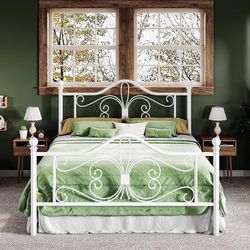 Queen Size Bed Frame with Headboard,Metal Bed Frame with Butterfly Pattern Design Headboard & Footboard,No Box Spring Needed,Easy Assembly,White