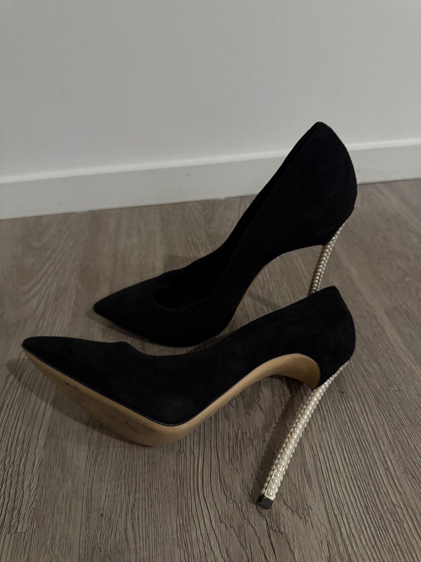 Casadei Black Suede Pearl Embellished Heel Pointed Toe Pumps Size 38