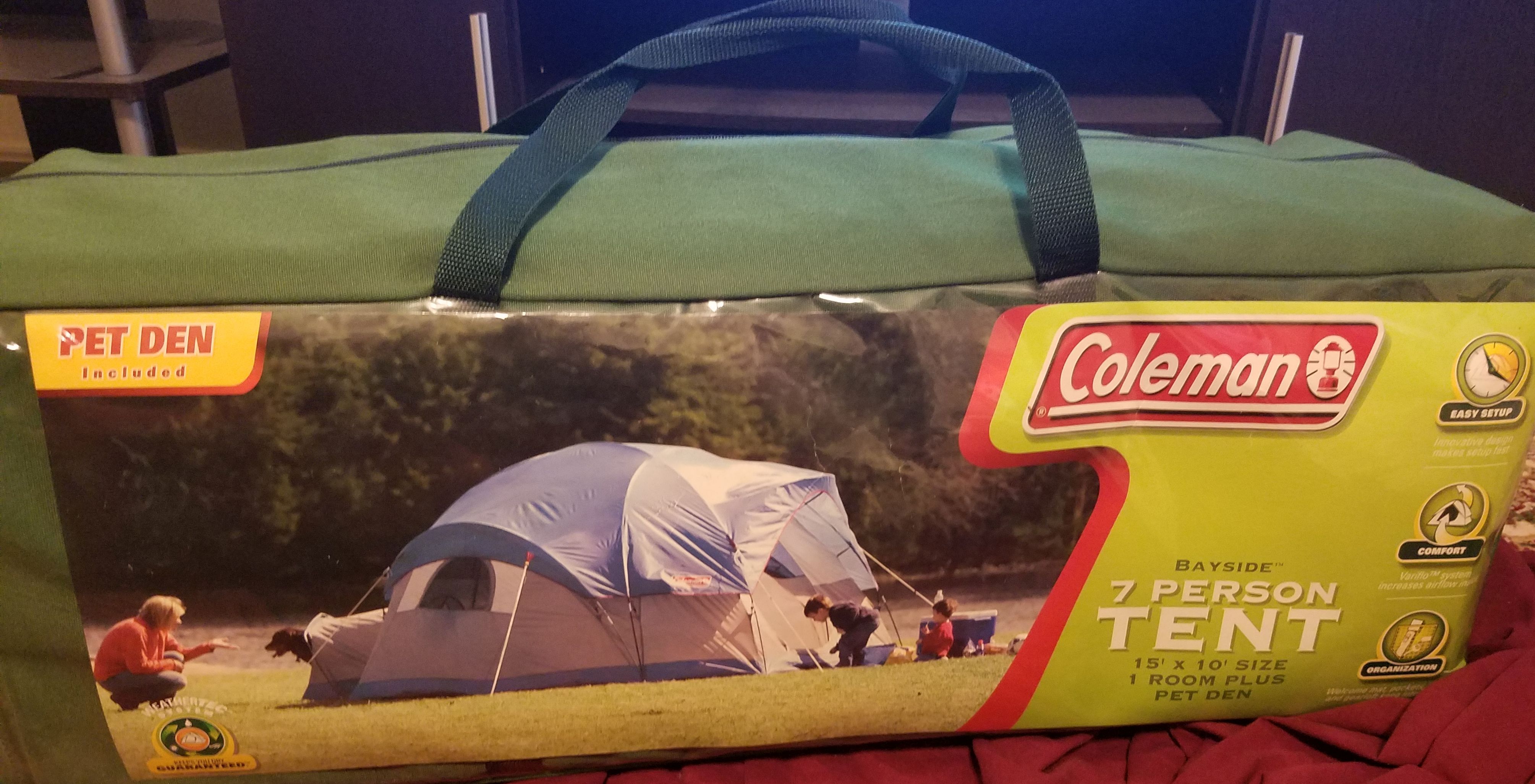 Coleman Bayside 7 person tent with Pet Den, 10' by 15' by 72' high at Center.