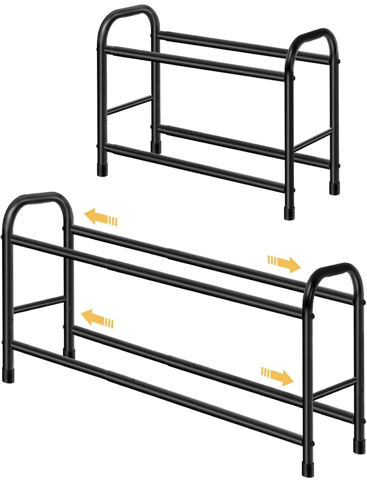 2-Tier Expandable Shoe Rack Adjustable Shoe Organizer Stainless Steel Shoe Storage Rack for Entrance Closet Doorway Garage Dorm (Black)